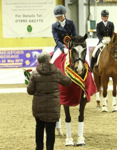 Image of British dressage rider Elspeth with her home bred mare My Delilah winning the advanced class of Myerscough Premier League